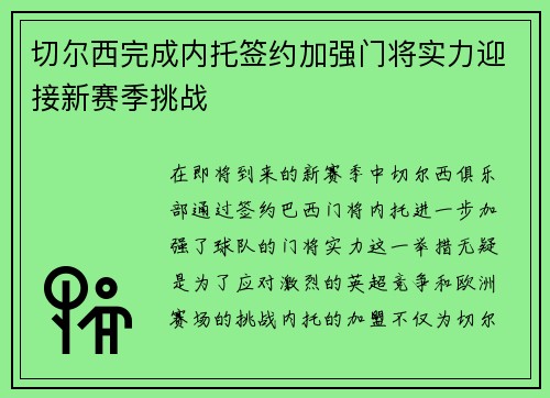 切尔西完成内托签约加强门将实力迎接新赛季挑战